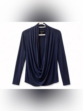 Always Indigo Navy Blue Drape Cowl Neck Long Sleeve Top - Size L